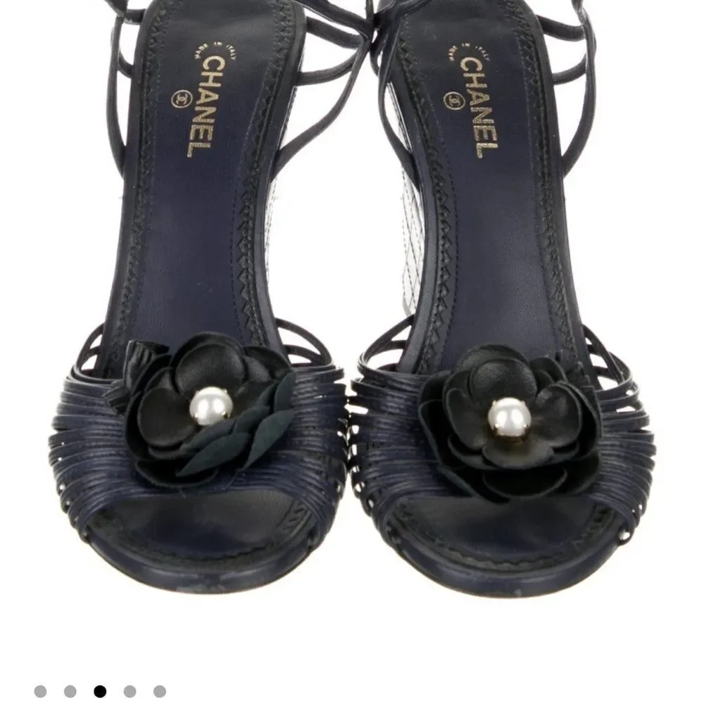 CHANEL Navy/ Black Wedge Sandals with High Heel and Strappy Design Sz 40